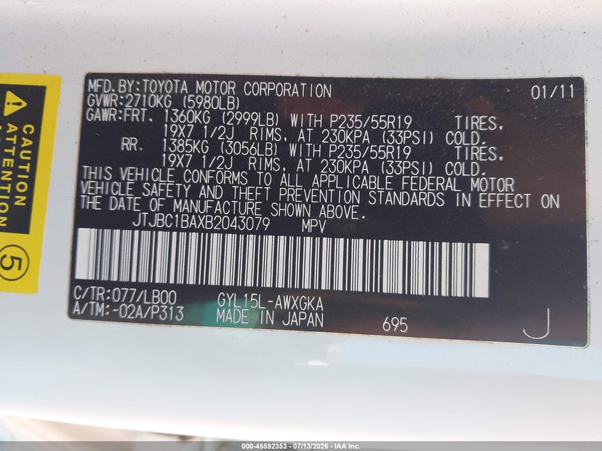 2011 Lexus Rx 450h VIN JTJBC1BAXB2043079 IAAI salvage auction — FRONT END, Junk Bill Of Sale Mv2459 (Wisconsin), sold $2,600 on 2026-07-23 (photo 9)