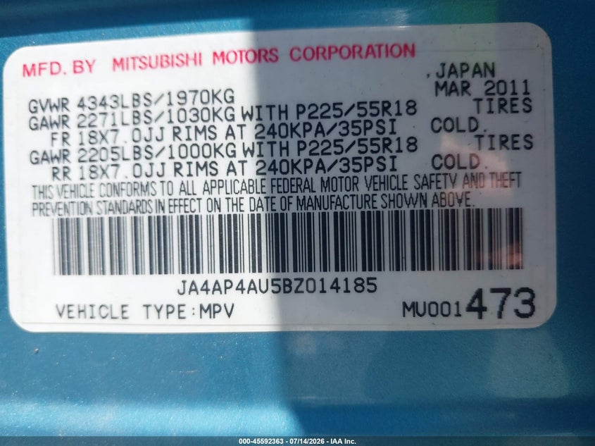 2011 Mitsubishi Outlander VIN JA4AP4AU5BZ014185 IAAI salvage auction — FRONT END, Salvage (California), sold $600 on 2026-07-29 (photo 9)