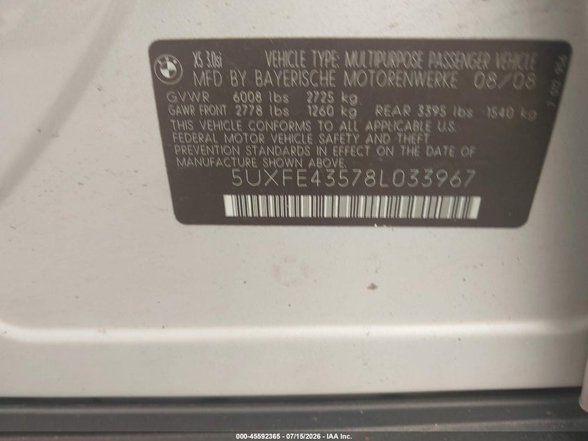 2008 BMW X5 VIN 5UXFE43578L033967 IAAI salvage auction — ELECTRICAL, Clear (Massachusetts), sold $425 on 2026-07-31 (photo 9)