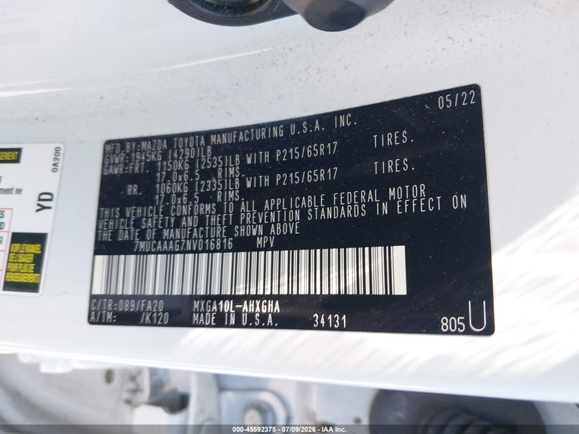 2022 Toyota Corolla cross VIN 7MUCAAAG7NV016816 IAAI salvage auction — FRONT END, Salvage Title, sold $7,200 on 2026-07-31 (photo 9)