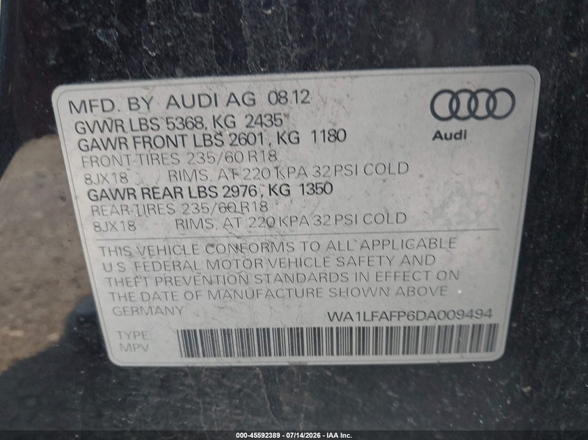 2013 Audi Q5 VIN WA1LFAFP6DA009494 IAAI salvage auction — NORMAL WEAR, Clear (New Jersey), sold $425 on 2026-07-29 (photo 9)