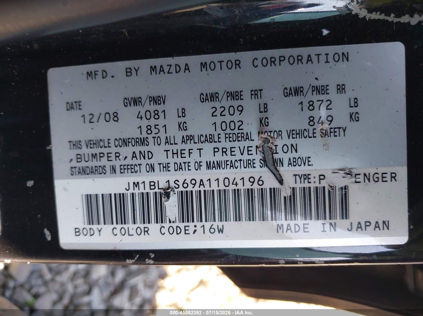 2010 Mazda 3 VIN JM1BL1S69A1104196 IAAI salvage auction — LEFT FRONT, Bill Of Sale (Washington), sold $575 on 2026-08-01 (photo 9)