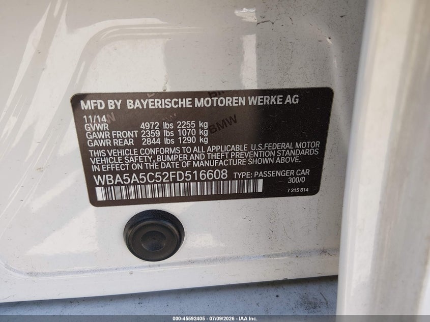 2015 BMW 5er VIN WBA5A5C52FD516608 IAAI salvage auction — UNKNOWN, Salvage (California), sold $2,150 on 2026-07-29 (photo 9)