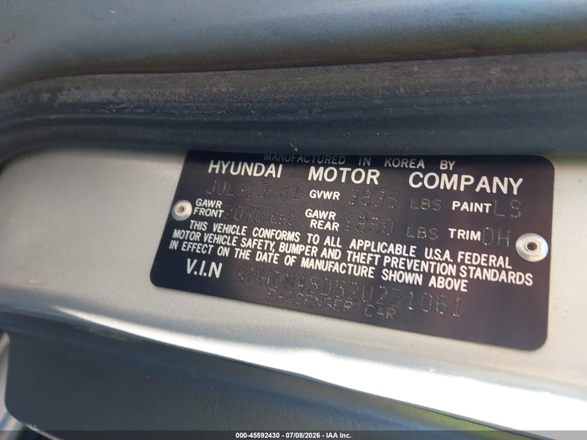 2002 Hyundai Elantra VIN KMHDN45D52U251061 IAAI salvage auction — NORMAL WEAR, App For Dup Clear (California), sold $200 on 2026-07-29 (photo 9)