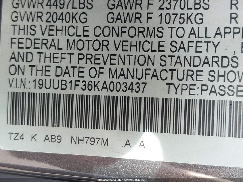 2019 Acura Tlx VIN 19UUB1F36KA003437 IAAI salvage auction — THEFT, Salvage - Greater Than 75% (Maryland), sold $725 on 2026-07-31 (photo 9)
