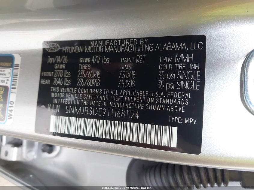 2026 Hyundai Tucson VIN 5NMJB3DE9TH681124 IAAI salvage auction — FRONT END, Salvage (Virginia), sold $8,600 on 2026-07-31 (photo 9)