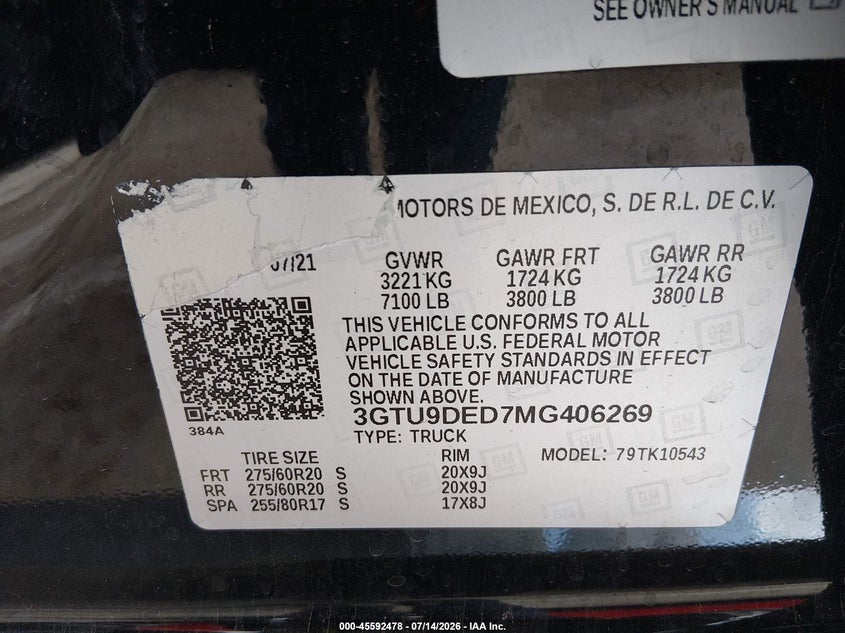 2021 Gmc SIERRA VIN 3GTU9DED7MG406269 IAAI salvage auction — REAR END, Salvage Title, sold $27,250 on 2026-07-29 (photo 9)