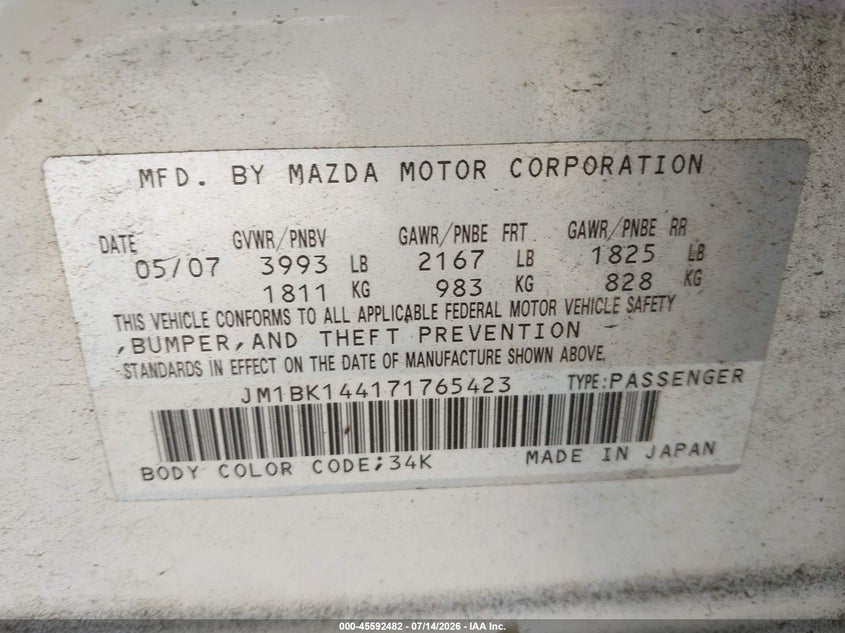 2007 Mazda 3 VIN JM1BK144171765423 IAAI salvage auction — NORMAL WEAR, Clear - Dealer Only (California), sold $225 on 2026-07-23 (photo 9)