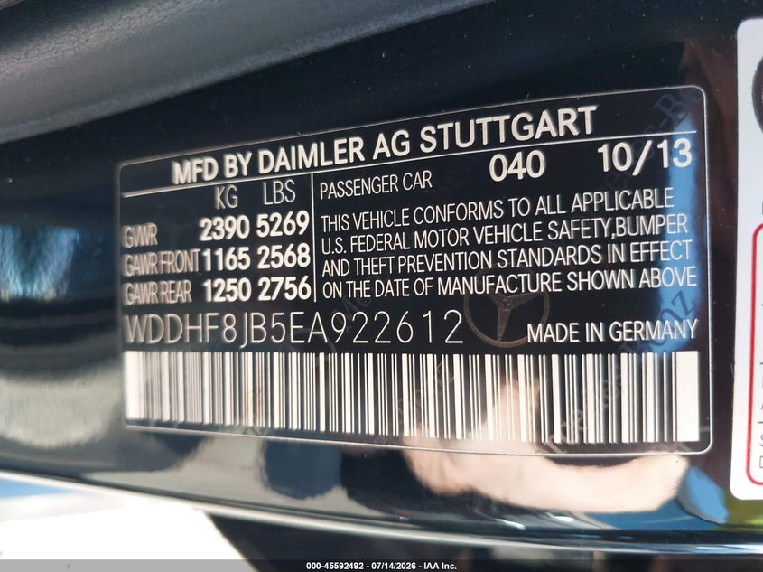 2014 Mercedes-benz E-klasse VIN WDDHF8JB5EA922612 IAAI salvage auction — LEFT FRONT, Salvage (Virginia), sold $2,500 on 2026-08-04 (photo 9)