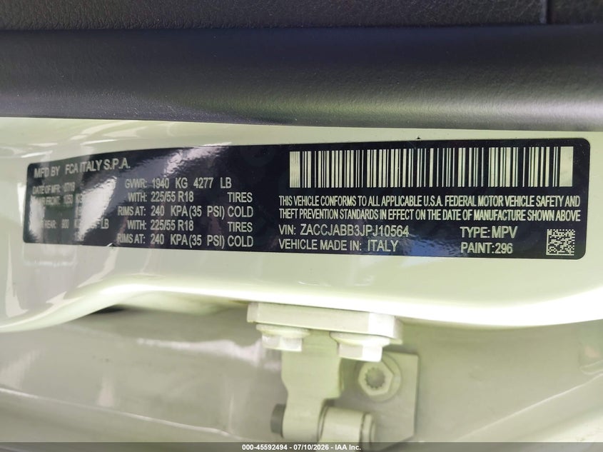 2018 Jeep Renegade VIN ZACCJABB3JPJ10564 IAAI salvage auction — MECHANICAL, Salvage (California), sold $25 on 2026-07-29 (photo 9)