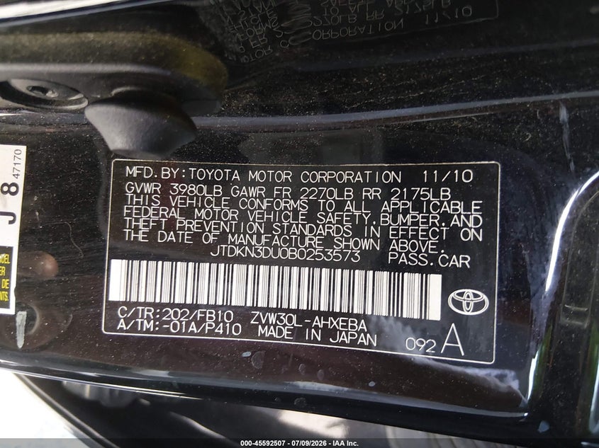 2011 Toyota Prius VIN JTDKN3DU0B0253573 IAAI salvage auction — NORMAL WEAR, Clear - Dealer Only (California), sold $900 on 2026-07-23 (photo 9)