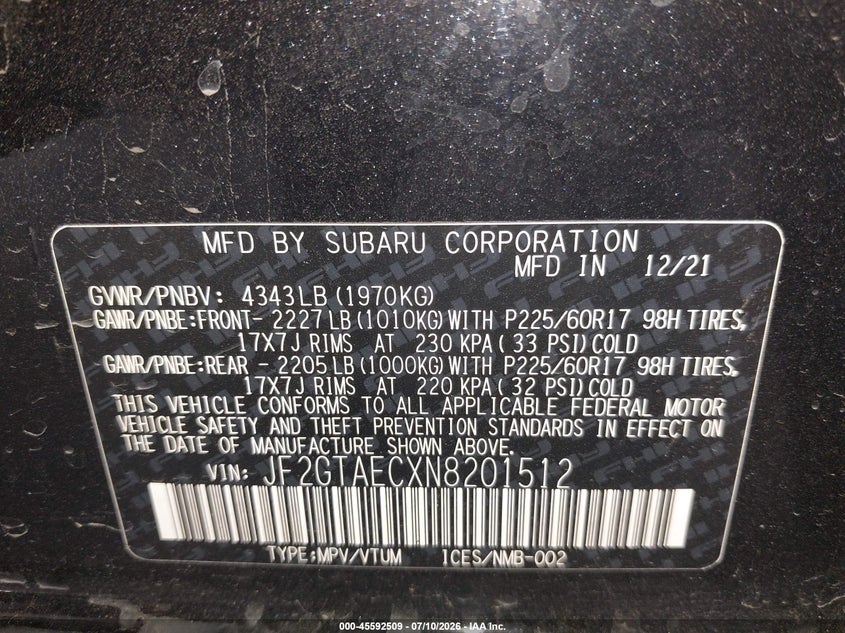 2022 Subaru Xv VIN JF2GTAECXN8201512 IAAI salvage auction — RIGHT REAR, Salvage (North Dakota), sold $3,650 on 2026-08-22 (photo 9)