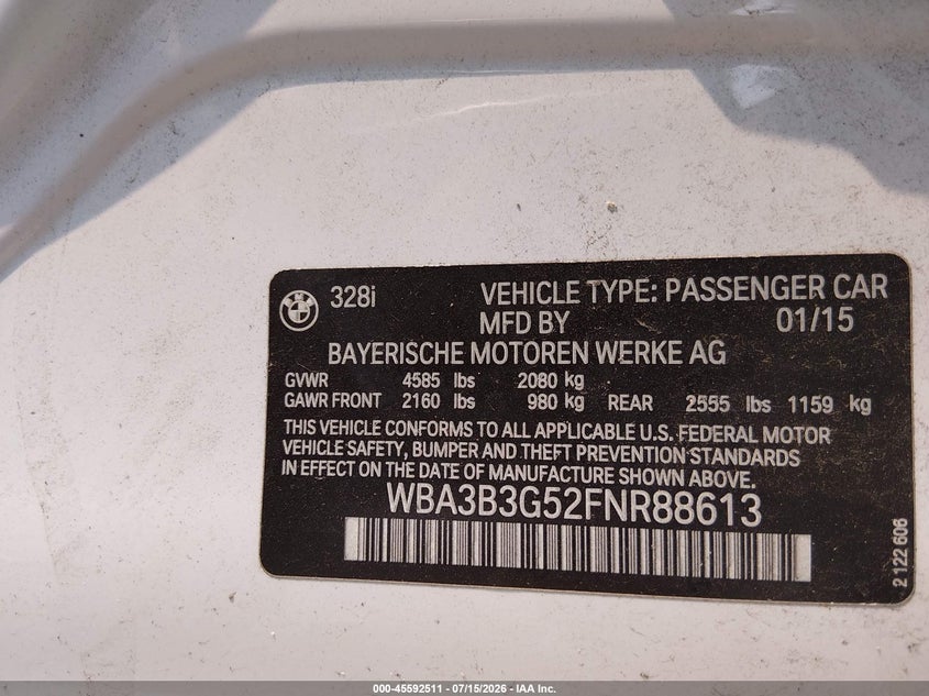 2015 BMW 3er VIN WBA3B3G52FNR88613 IAAI salvage auction — REAR END, Mv-907A (New York), sold $25 on 2026-07-28 (photo 9)