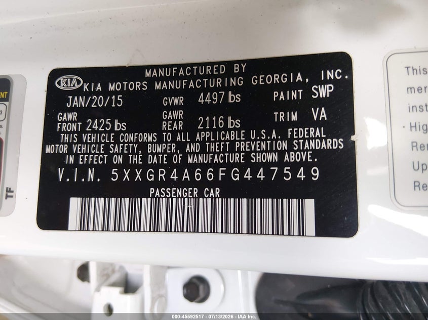 2015 Kia Optima VIN 5XXGR4A66FG447549 IAAI salvage auction — REAR END, Salvage (Arizona), sold $1,600 on 2026-07-28 (photo 9)