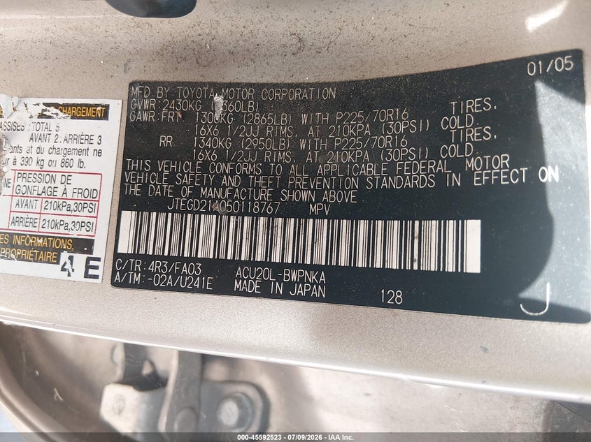 2005 Toyota Highlander VIN JTEGD21A050118767 IAAI salvage auction — FRONT & REAR, Original (Texas), sold $800 on 2026-07-31 (photo 9)