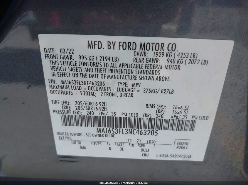 2022 Ford Ecosport VIN MAJ6S3FL3NC463205 IAAI salvage auction — RIGHT FRONT, Wait Title, sold $3,000 on 2026-09-02 (photo 9)