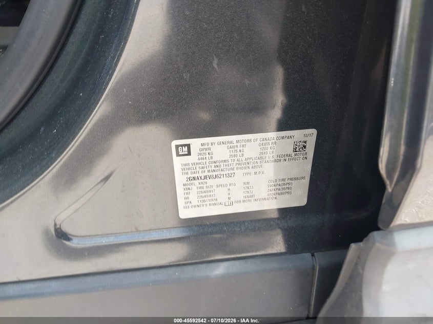 2018 Chevrolet Equinox VIN 2GNAXJEV8J6211327 IAAI salvage auction — REAR END, Rebuildable (Florida), sold $2,550 on 2026-07-27 (photo 9)