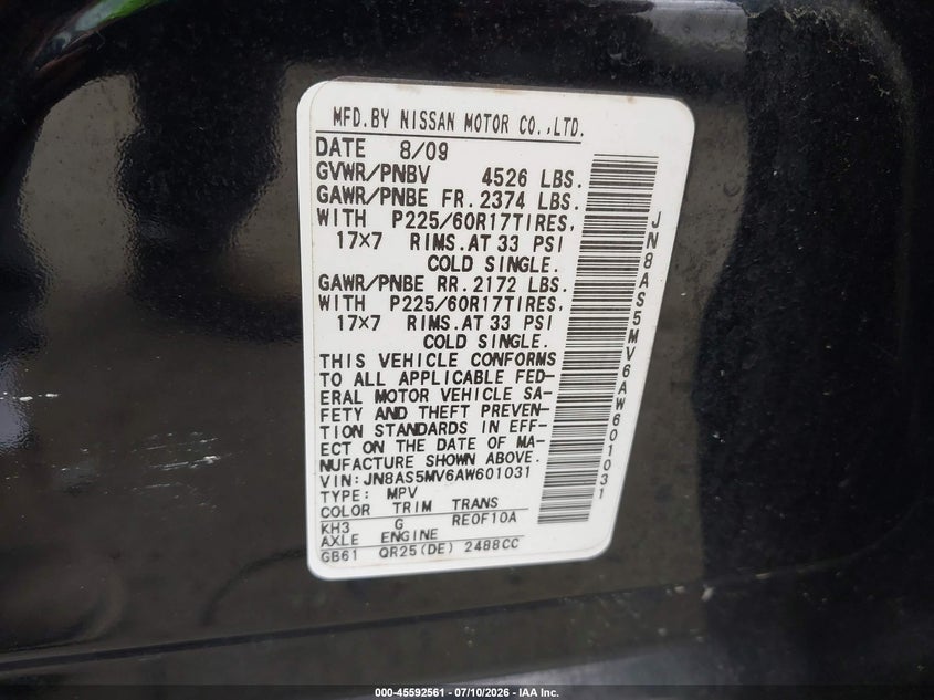 2010 Nissan Rogue VIN JN8AS5MV6AW601031 IAAI salvage auction — NORMAL WEAR, Clear (Virginia), sold $375 on 2026-07-29 (photo 9)