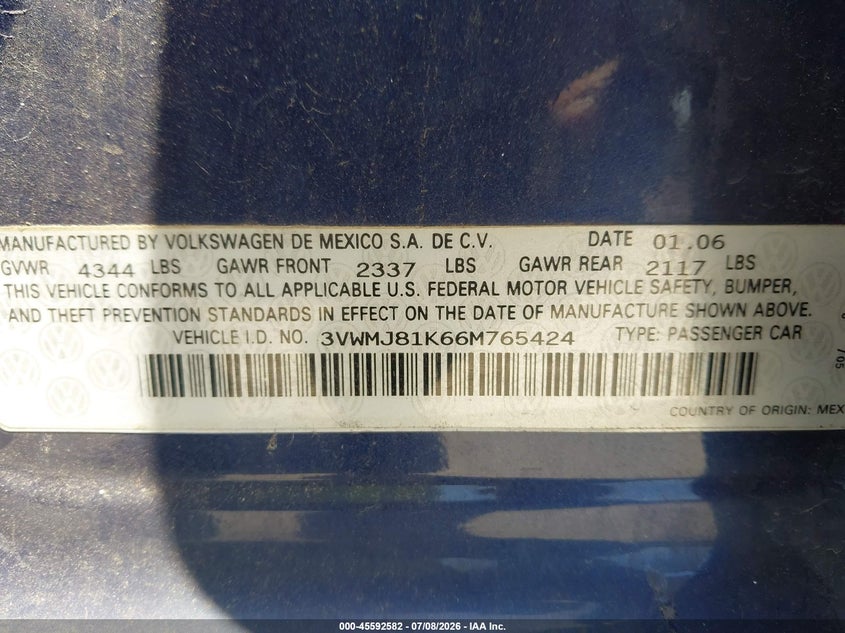 2006 Volkswagen Jetta VIN 3VWMJ81K66M765424 IAAI salvage auction — FRONT END, Clear - Dealer Only (California), sold $350 on 2026-07-17 (photo 9)