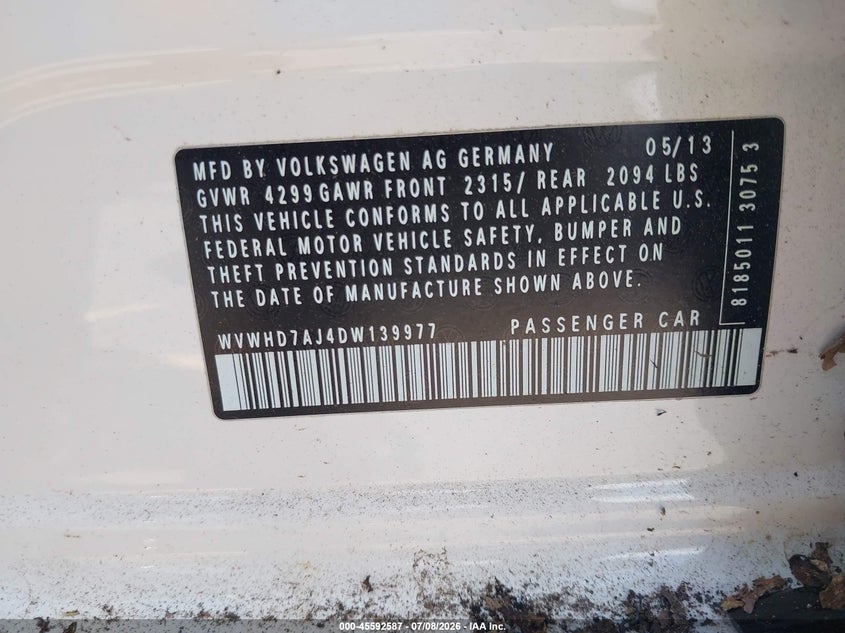 2013 Volkswagen Gti VIN WVWHD7AJ4DW139977 IAAI salvage auction — NORMAL WEAR, Clear (Connecticut), sold $1,000 on 2026-07-23 (photo 9)