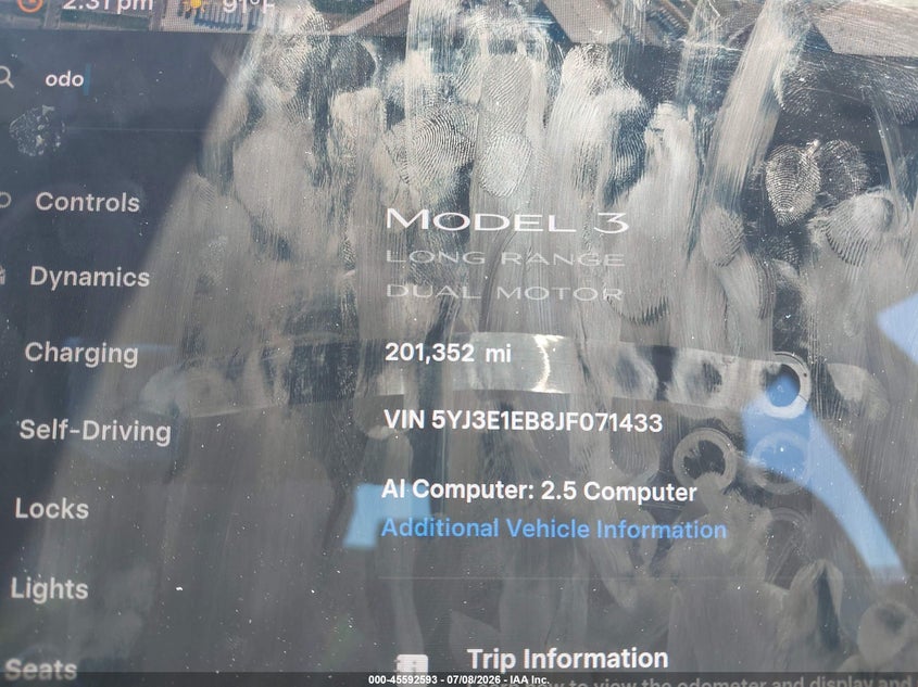 2018 Tesla Model 3 VIN 5YJ3E1EB8JF071433 IAAI salvage auction — REAR END, Salvage Title, sold $3,100 on 2026-07-23 (photo 7)