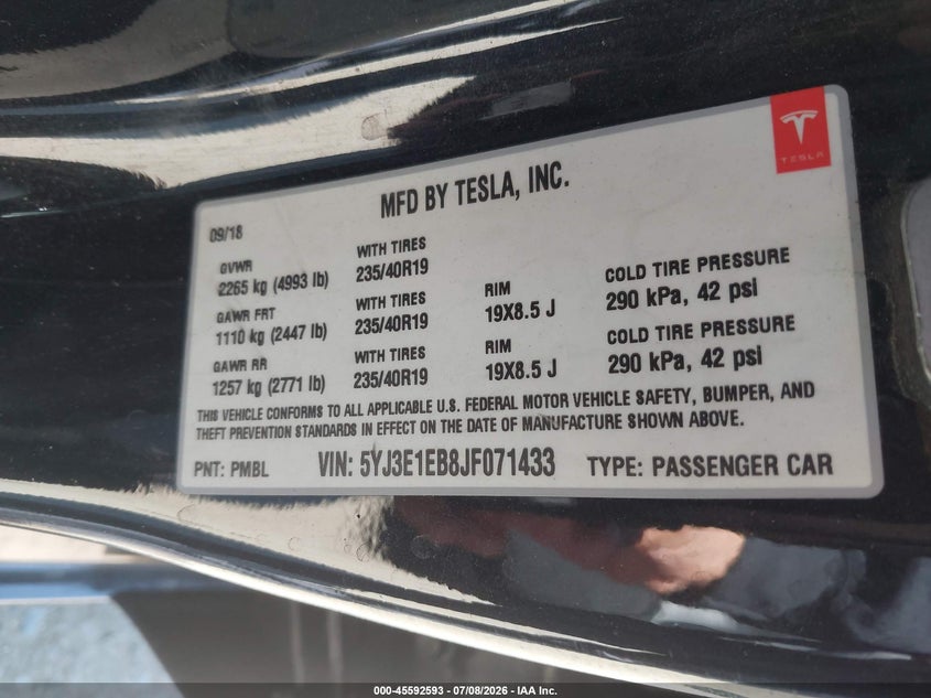 2018 Tesla Model 3 VIN 5YJ3E1EB8JF071433 IAAI salvage auction — REAR END, Salvage Title, sold $3,100 on 2026-07-23 (photo 9)