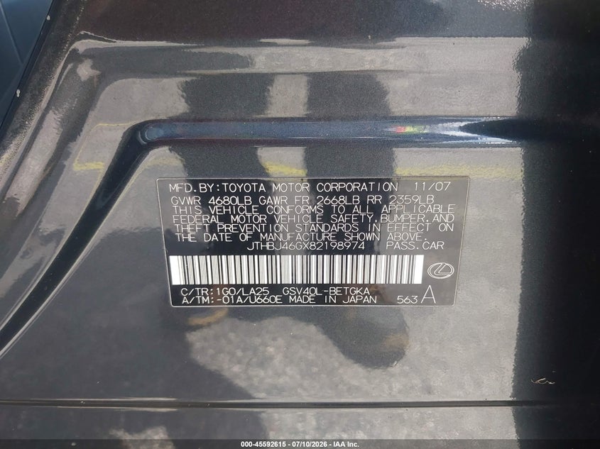 2008 Lexus Es 350 VIN JTHBJ46GX82198974 IAAI salvage auction — TRANSMISSION, Clear (Florida), sold $2,800 on 2026-07-23 (photo 9)