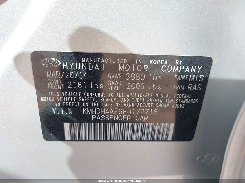 2014 Hyundai Elantra VIN KMHDH4AE6EU172718 IAAI salvage auction — NORMAL WEAR, Clear - Dealer Only (California), sold $650 on 2026-07-28 (photo 9)