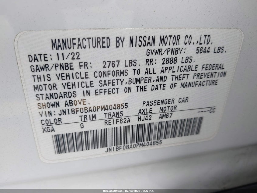 2023 Nissan Ariya VIN JN1BF0BA0PM404855 IAAI salvage auction — REAR END, Salvage (California), sold $12,775 on 2026-07-27 (photo 9)