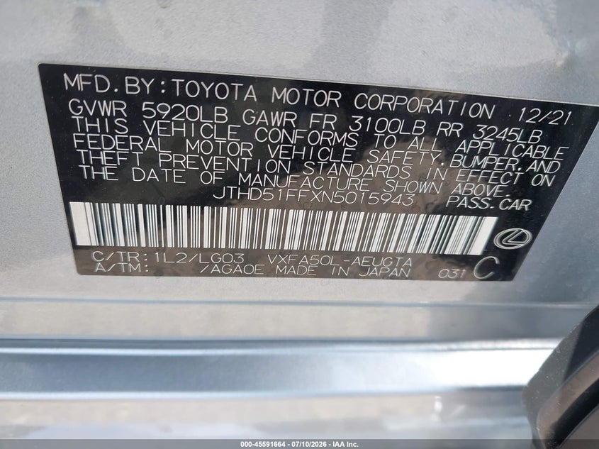 2022 Lexus Ls VIN JTHD51FFXN5015943 IAAI salvage auction — FRONT END, Salvage (Arizona), sold $20,300 on 2026-07-23 (photo 9)