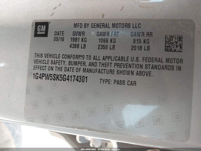 2016 Buick Verano VIN 1G4PW5SK5G4174301 IAAI salvage auction — FRONT END, Salvage (Texas), sold $0 on 2026-09-30 (photo 9)
