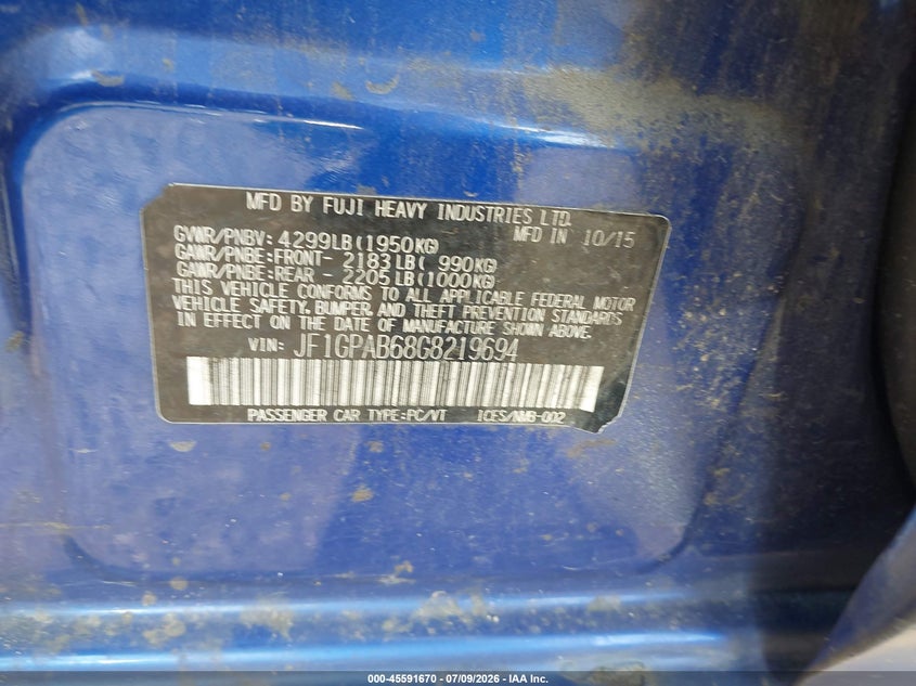 2016 Subaru Impreza VIN JF1GPAB68G8219694 IAAI salvage auction — NORMAL WEAR, Original (Texas), sold $600 on 2026-07-30 (photo 9)