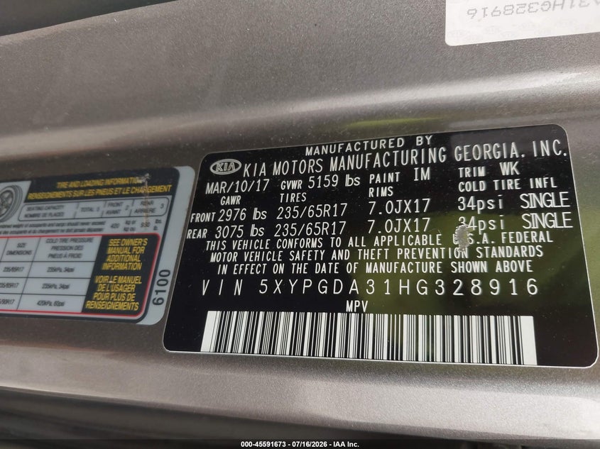 2017 Kia Sorento VIN 5XYPGDA31HG328916 IAAI salvage auction — LEFT FRONT, Salvage (Ohio), sold $1,950 on 2026-07-30 (photo 9)
