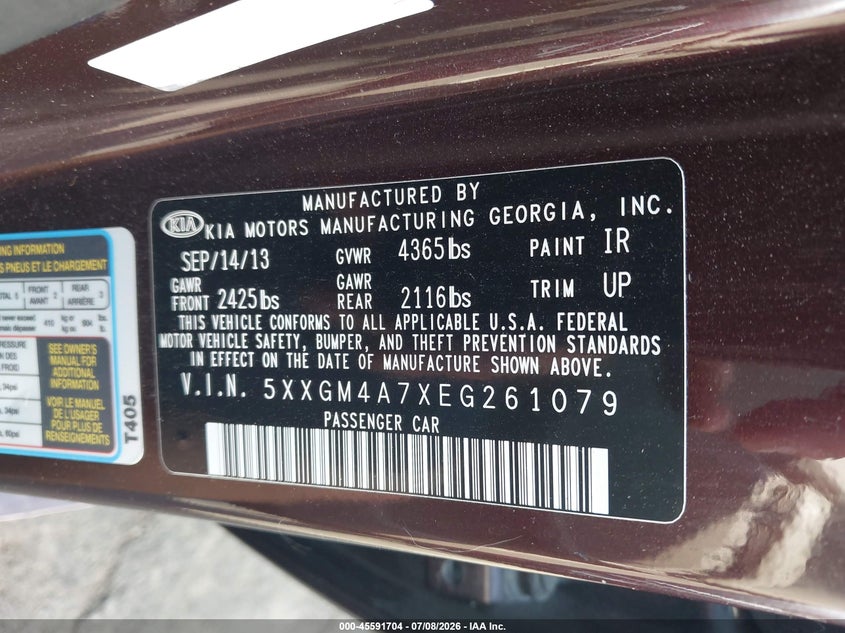 2014 Kia Optima VIN 5XXGM4A7XEG261079 IAAI salvage auction — NORMAL WEAR, Salvage Rebuilt (North Carolina), sold $500 on 2026-07-30 (photo 9)