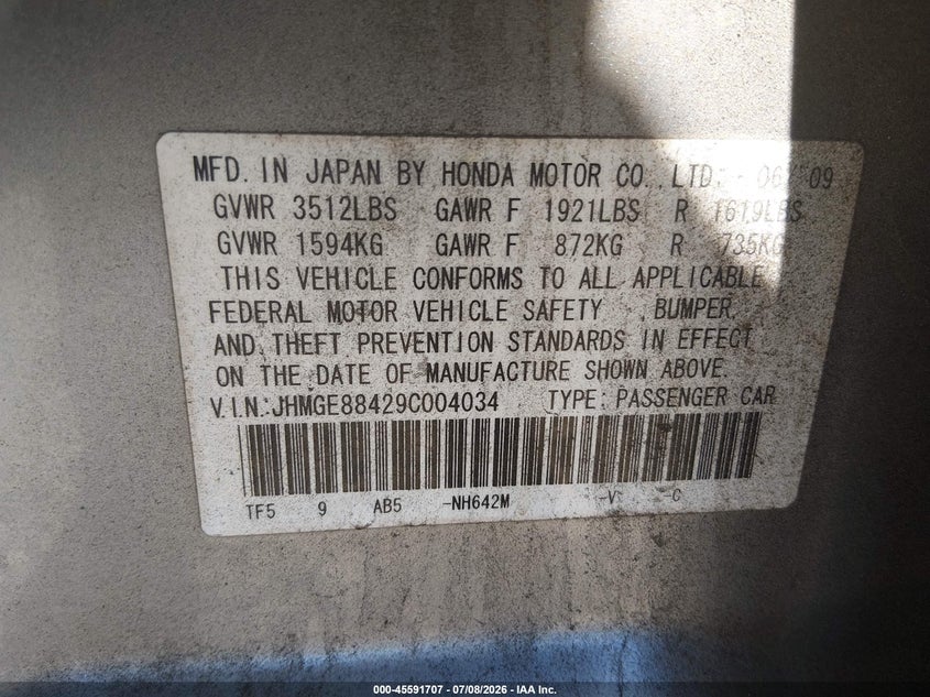 2009 Honda Fit VIN JHMGE88429C004034 IAAI salvage auction — NORMAL WEAR, Peddle Clear Public-Restricted (Oregon), sold $925 on 2026-07-27 (photo 9)