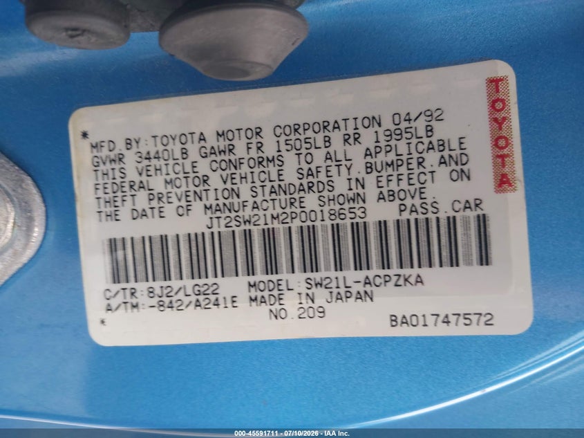1993 Toyota Mr2 VIN JT2SW21M2P0018653 IAAI salvage auction — NORMAL WEAR, Clear (Florida), sold $5,650 on 2026-07-23 (photo 9)