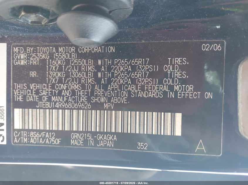 2006 Toyota 4runner VIN JTEBU14R968069626 IAAI salvage auction — NORMAL WEAR, Clear (Tennessee), sold $4,000 on 2026-07-13 (photo 9)