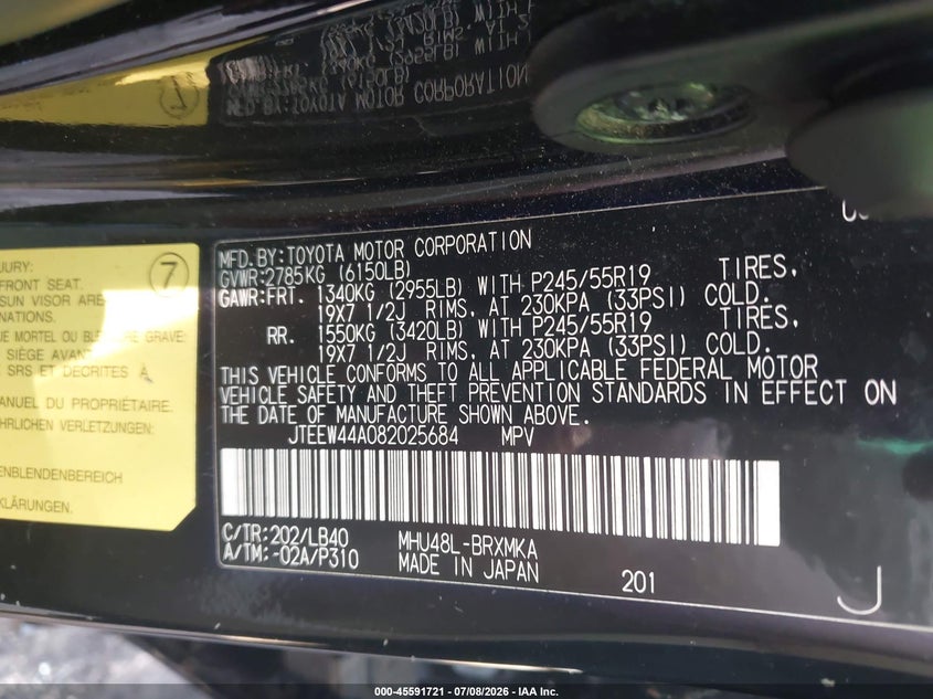 2008 Toyota Highlander hybrid VIN JTEEW44A082025684 IAAI salvage auction — NORMAL WEAR, Clear (North Carolina), sold $1,200 on 2026-07-30 (photo 9)