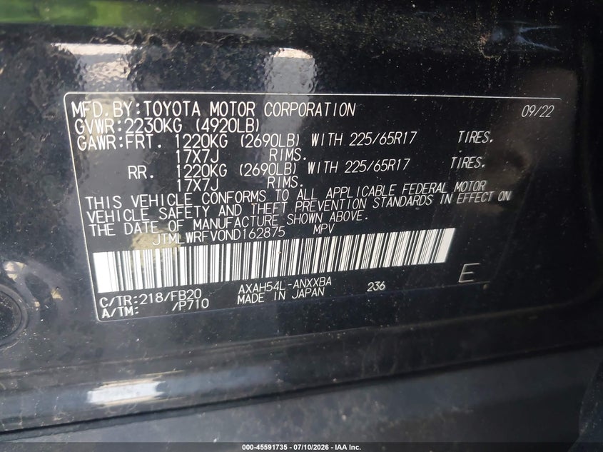2022 Toyota Rav4 hybrid VIN JTMLWRFV0ND162875 IAAI salvage auction — FRONT END, Enterprise Vehicles Clear Only (Pennsylvania), sold $26,500 on 2026-07-24 (photo 9)