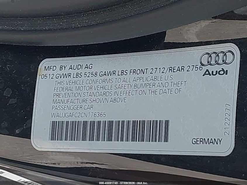 2012 Audi A6 VIN WAUJGAFC2CN176365 IAAI salvage auction — FRONT END, Salvage Title, sold $25 on 2026-08-02 (photo 9)