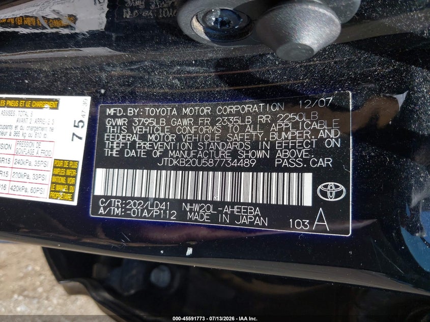 2008 Toyota Prius VIN JTDKB20U587734489 IAAI salvage auction — NORMAL WEAR, Clear (Maryland), sold $825 on 2026-07-22 (photo 9)