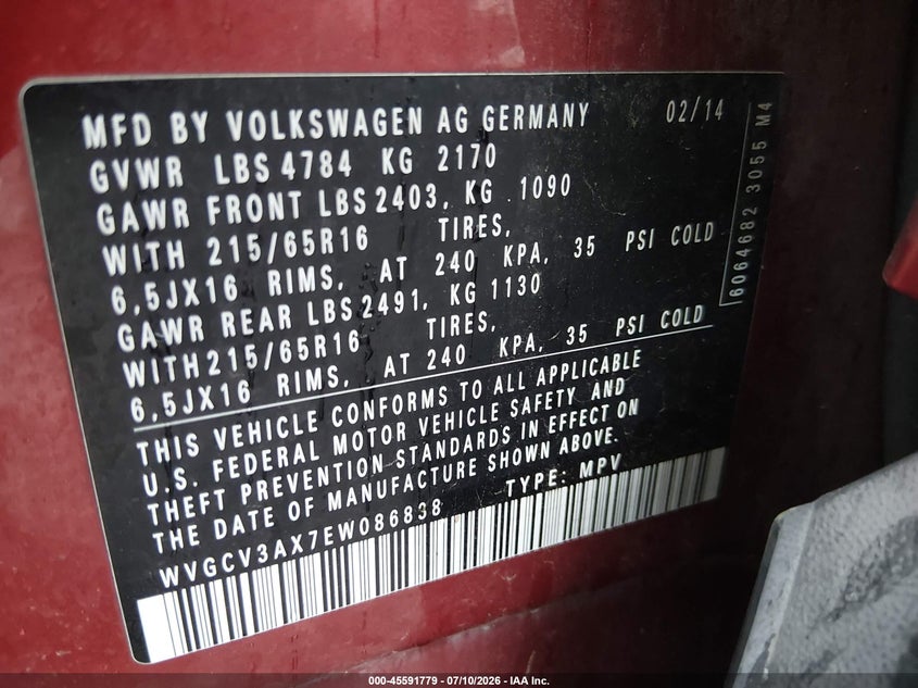 2014 Volkswagen Tiguan VIN WVGCV3AX7EW086838 IAAI salvage auction — NORMAL WEAR, Wait Title, sold $1,100 on 2026-08-13 (photo 9)