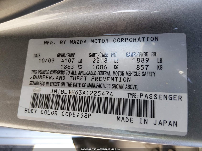2010 Mazda 3 VIN JM1BL1H63A1225474 IAAI salvage auction — NORMAL WEAR, Clear (California), sold $75 on 2026-07-24 (photo 9)