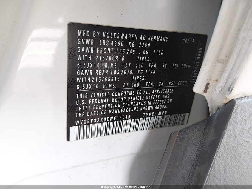 2014 Volkswagen Tiguan VIN WVGBV3AX3EW615049 IAAI salvage auction — LEFT FRONT, Salvage Title, sold $1,200 on 2026-08-06 (photo 9)
