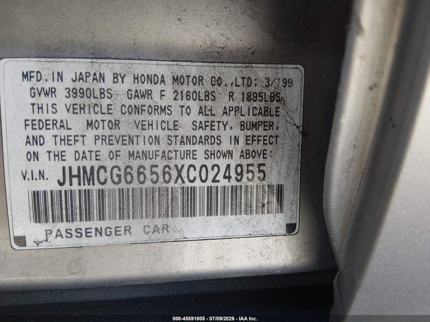 1999 Honda Accord VIN JHMCG6656XC024955 IAAI salvage auction — NORMAL WEAR, Clear - Dealer Only (California), sold $975 on 2026-07-20 (photo 9)