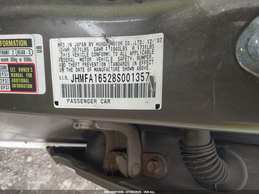 2008 Honda Civic VIN JHMFA16528S001357 IAAI salvage auction — NORMAL WEAR, Original (Ohio), sold $275 on 2026-07-30 (photo 9)