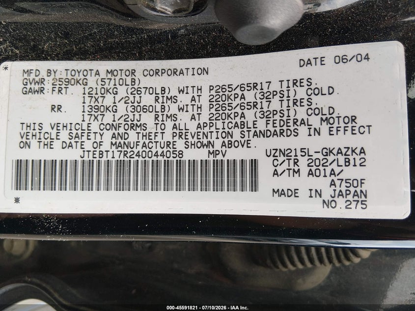 2004 Toyota 4runner VIN JTEBT17R240044058 IAAI salvage auction — NORMAL WEAR, Clear, sold $800 on 2026-07-21 (photo 9)