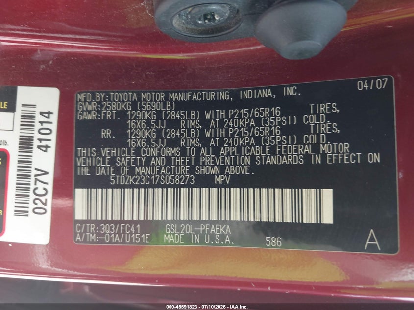 2007 Toyota Sienna VIN 5TDZK23C17S058273 IAAI salvage auction — LEFT FRONT, Salvage (Texas), sold $625 on 2026-07-31 (photo 9)
