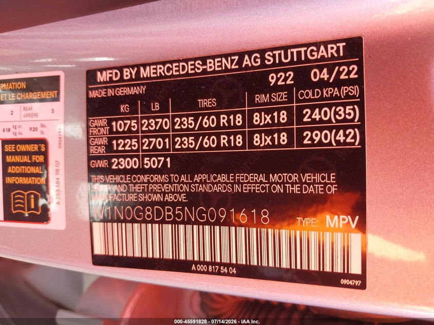 2022 Mercedes-benz Glc VIN W1N0G8DB5NG091618 IAAI salvage auction — FRONT & REAR, Wait Title, sold $9,450 on 2026-08-28 (photo 9)