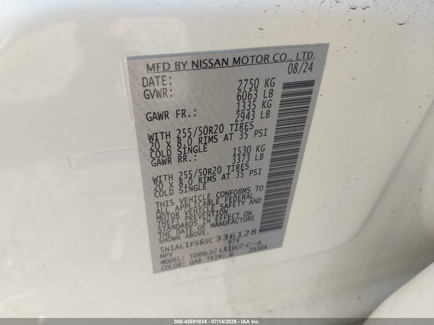 2025 Infiniti Qx60 VIN 5N1AL1FS6SC336128 IAAI salvage auction — REAR END, Salvage Title, sold $15,050 on 2026-08-18 (photo 9)